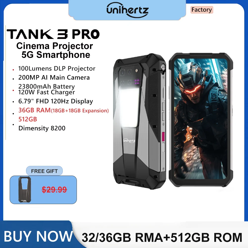 Unihertz Tank 3 Pro 8849 Projector Smartphone Android 14 5G Phone, 32GB 512GB, 200MP Camera, Dimensity 8200, IP68, Bluetooth 5.3