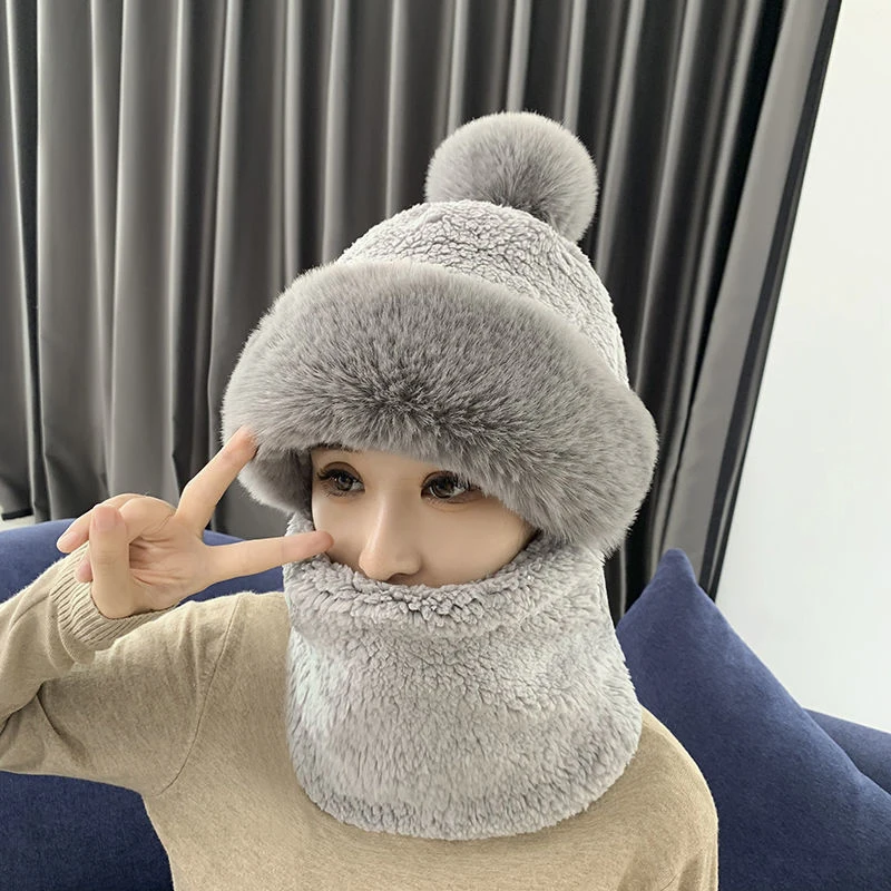 Winter Cashmere Hat Fleece Men Women Head Hood Scarf Hat Cap Thicken Cozy Warm Bonnet Lamb Riding Bobble Hat