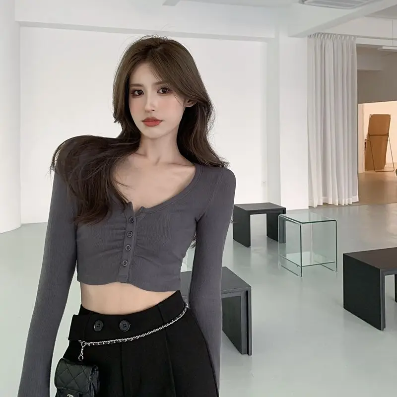 Long-sleeve T-shirts Women Slim Sexy Crop Tops Fashion O-neck Streetwear Simple Korean Style Summer Y2k Ulzzang All-match Young