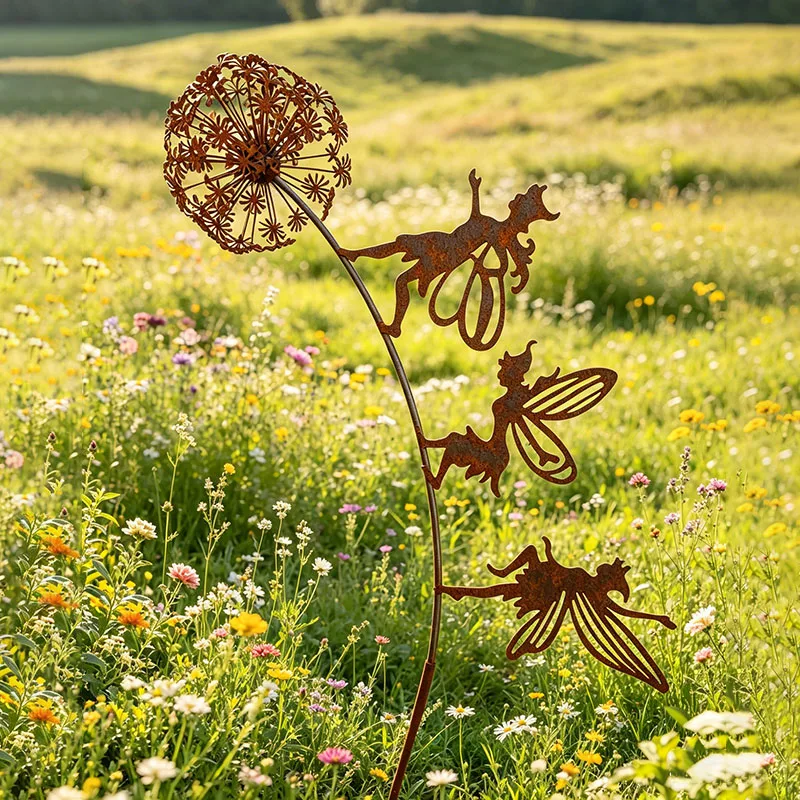 Rustic Metal Fairy Garden Stake - Dandelion & Dancing Fairies Silhouette Art, Weathered Corten Steel Yard Ornament