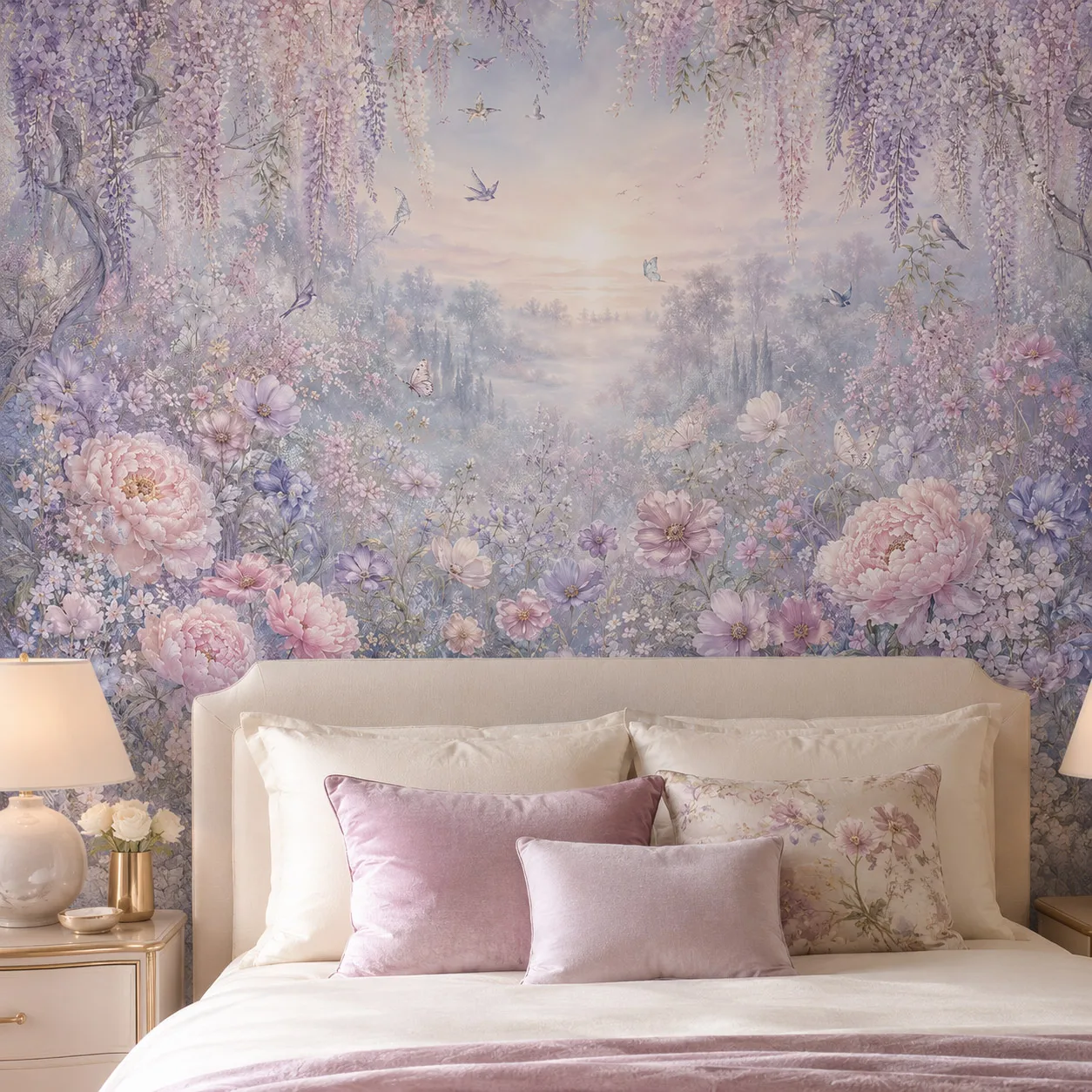 Romantic Wisteria Peony Floral Wall Mural Wallpaper Pastel Butterfly Garden Bedroom Living Room Non Self Adhesive Paste Required