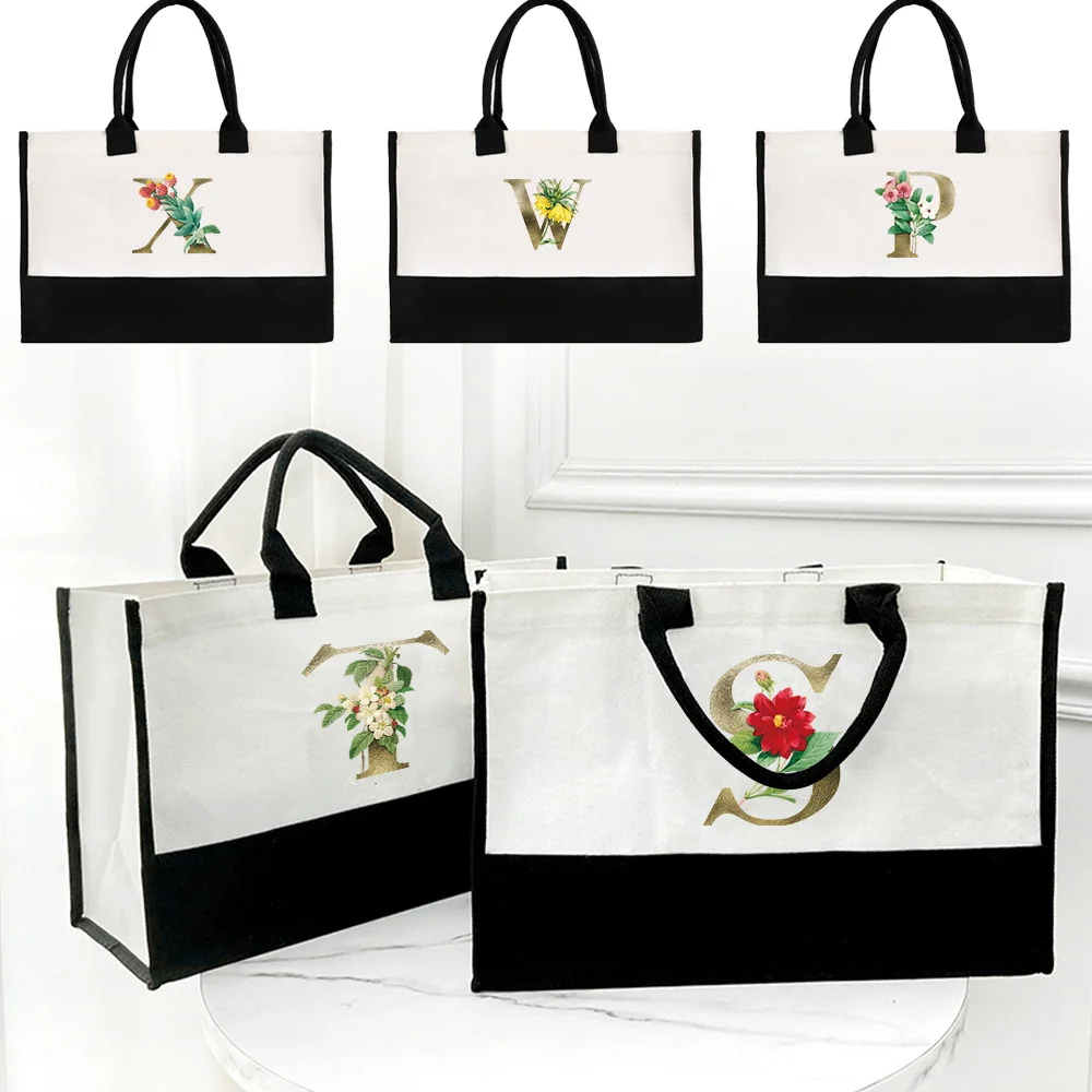 

Portable Carry Bag Large Capacity Shopping Reusable and Waterproof Jute Bag Grocery Storage Printing Golden Flower Series