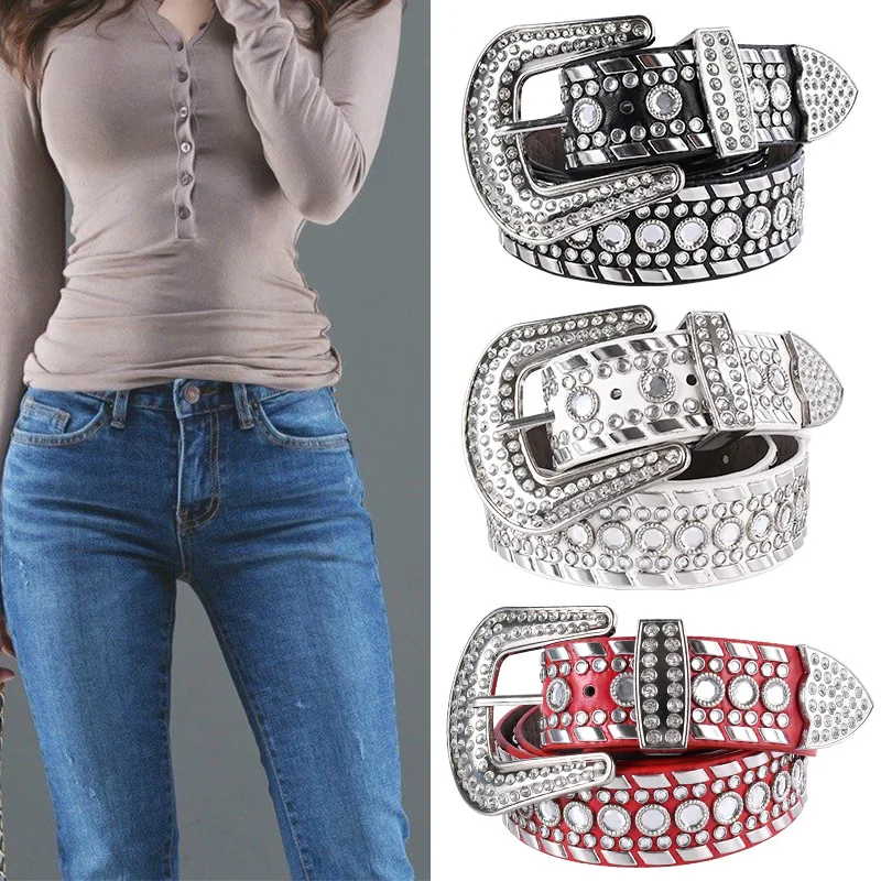 

3.8cm Fashion Rivets Belt Rhinestone Inlay Alloy Pin Buckle with Jeans Belt Pu Pants Belts for Men Women