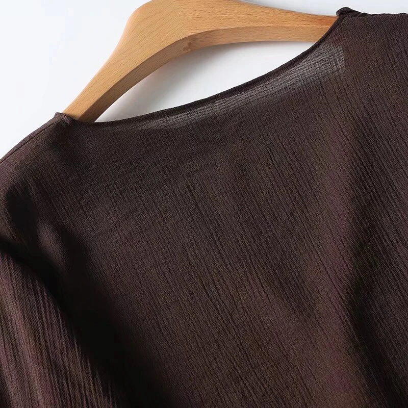 YENKYE Spring 2025 Women Brown Long Sleeve V Neck Ruffle Shirt Office Casual Blouse Blusas Mujer image 6