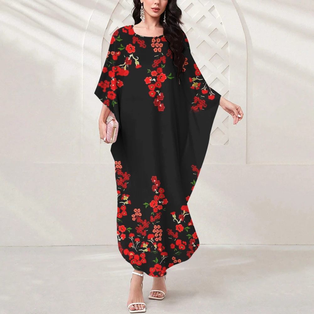 2024 New Dubai Muslim Islamic Elegant Dress Feminine Ethos Leaf Print Muslim Party Dress Summer Bat-Sleeved Gilbab Loose Robe