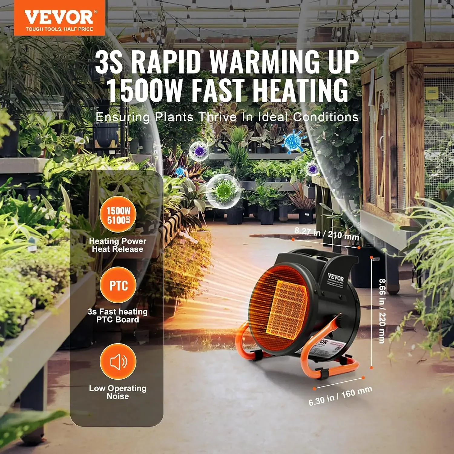 Greenhouse Heater with Thermostat, 1500W PTC Fast Heating with Overheat Protection, 3-Speed Setting Small Grow Tent Heater, Elec