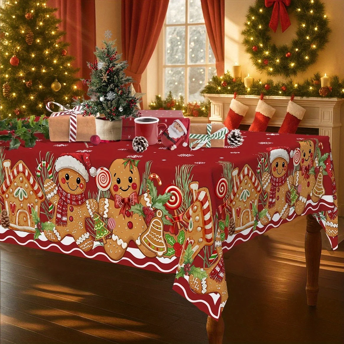 Christmas Table Cloth Rectangular Gingerbread Man Snowflake Waterproof Spillproof Festive Xmas Dining Dinner Party Decor