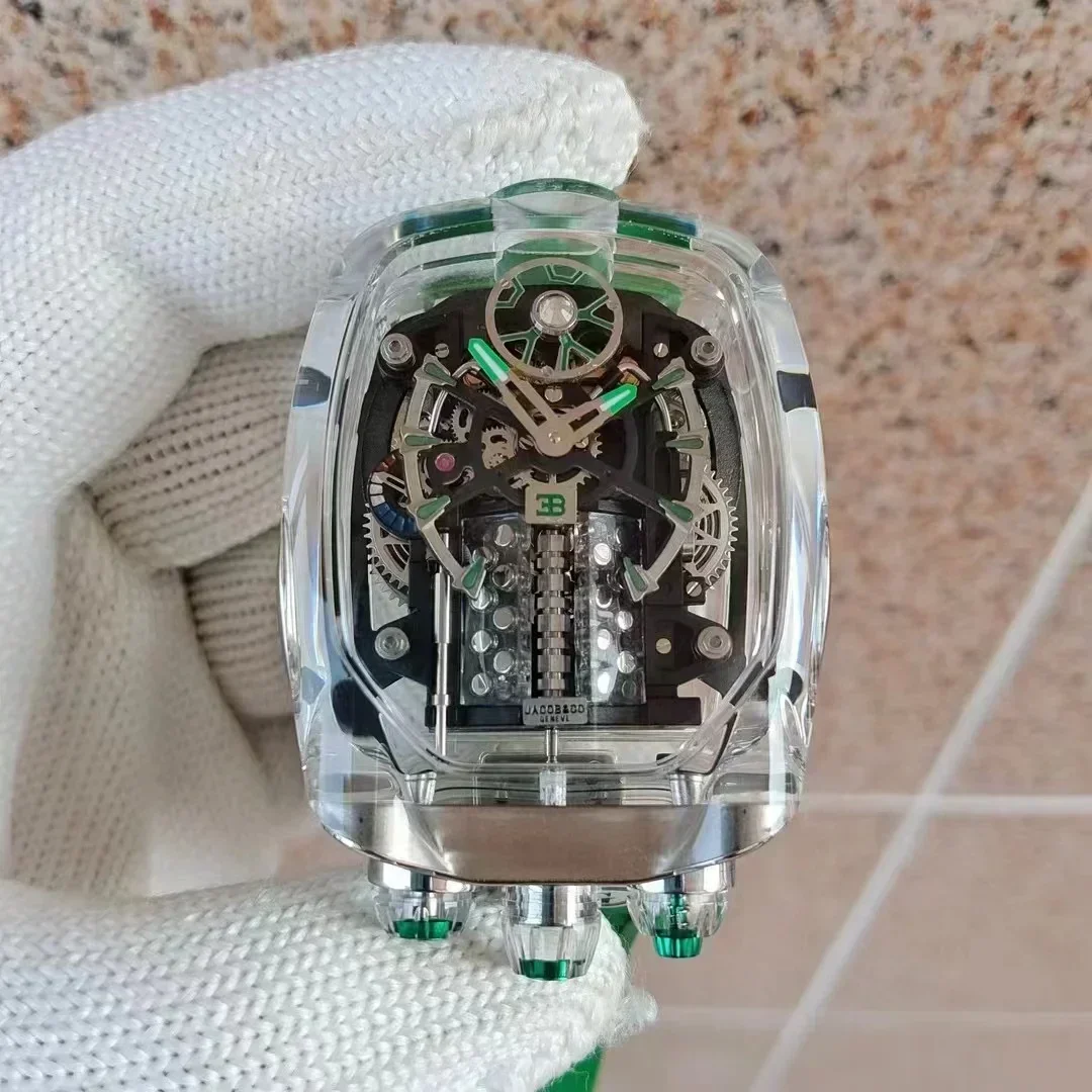 Jam tangan mekanik Bugatti JACOB terbaru 2024 jam tangan pria transparan mesin silinder Sixteen giv tourbillon