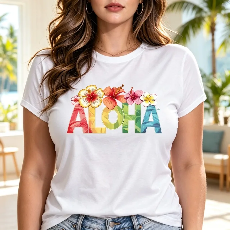 ALOHA Tropical Floral Letter Print Soft Modal Women T-Shirt Hawaiian Hibiscus Casual Female Beach Fashion Top