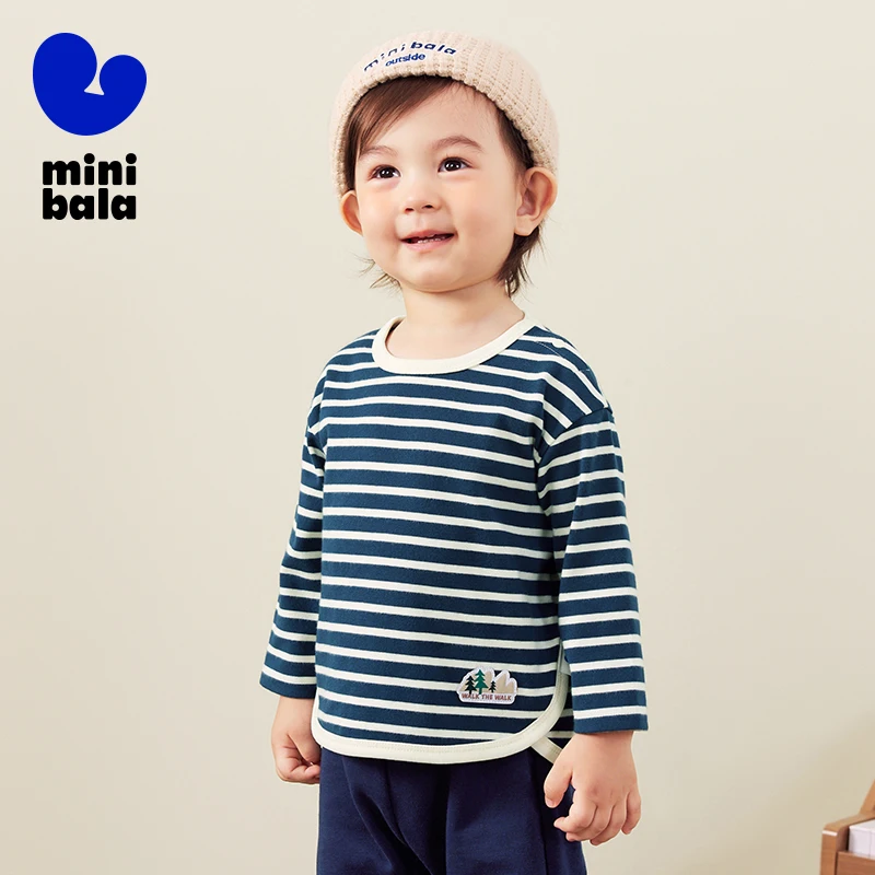 

Mini Bala Long Sleeve T-Shirt for Boys and Girls Fashionable Striped Top 2024 Autumn New Product Skin-Friendly T-Shirt