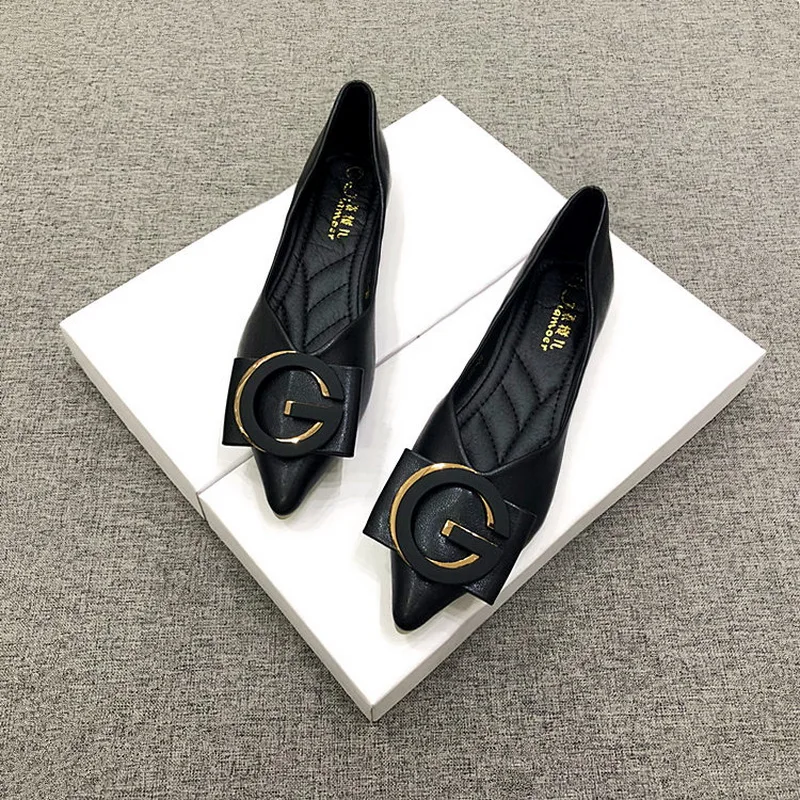 

2023 Spring flats women pointed toe comfortable soft leather ballerian shoes shallow mouth soft sole single shoes plus size31-46