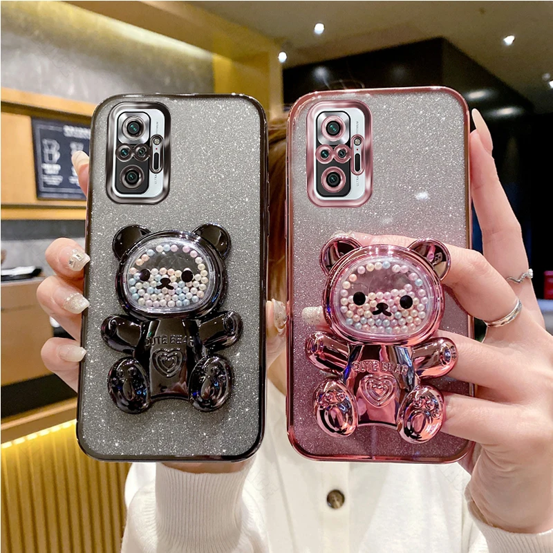 Note10Pro Glitter Bling Bear Silicone Phone Holder Case On For Xiaomi Redmi Note 10 Pro Max Girl Woman Stand Back Cover