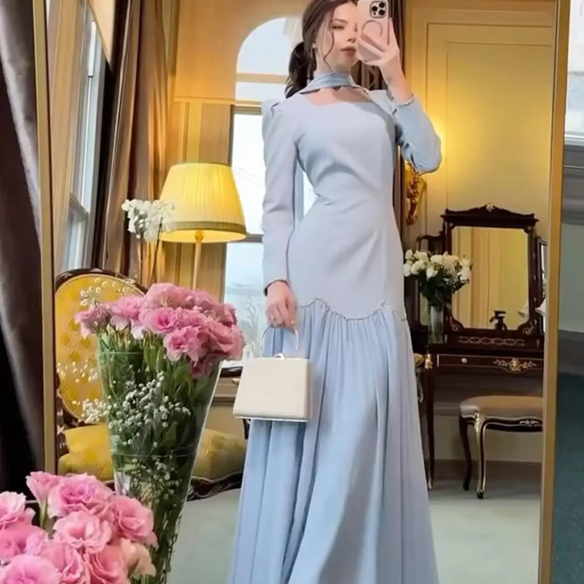 ربيع 2025 اليدوية الماس Embellied طويل Sve Ladylike سليم صالح الدكتور Ele تصميم ملابس غير رسمية منتصف الخصر Sle