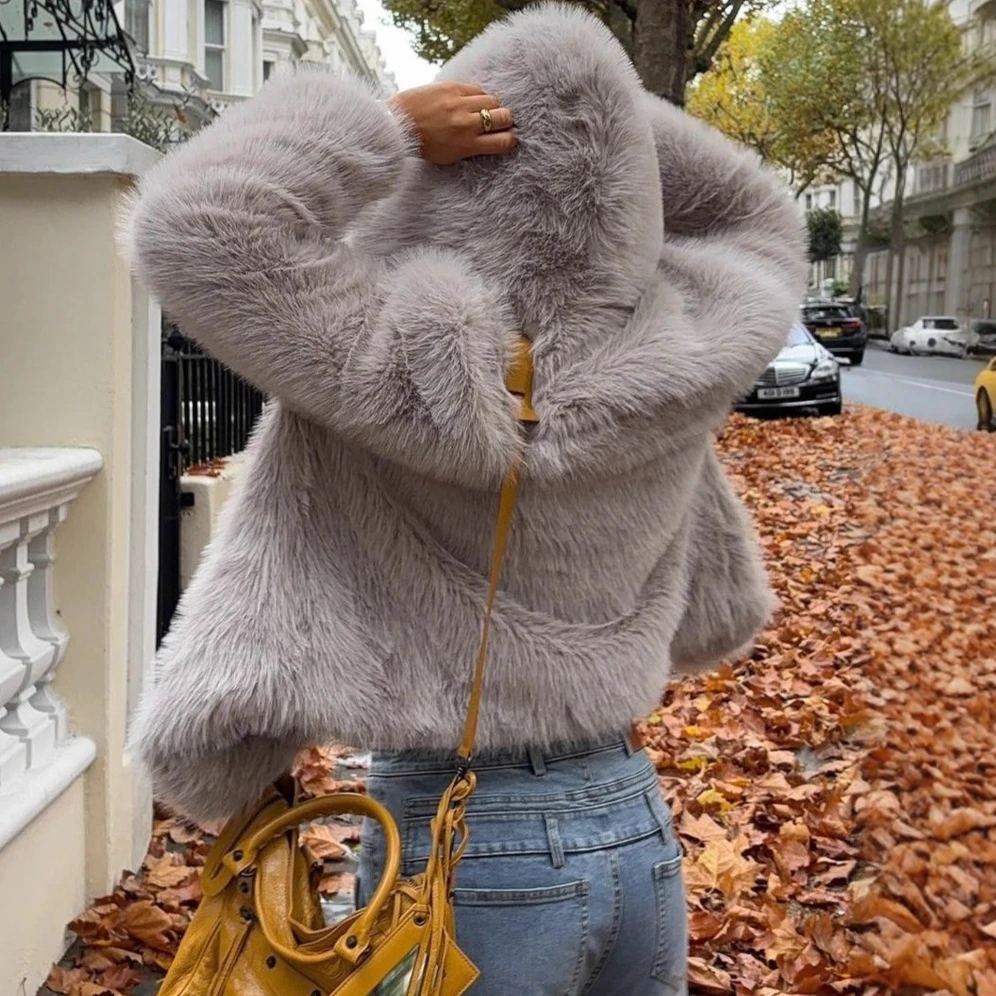 여성용 인조 여우털 코트 솔리드 재킷 후드 긴 소매 오픈 스티치 두꺼운 따뜻한 털 퍼리 아우터웨어 우아한 2025 가을 겨울