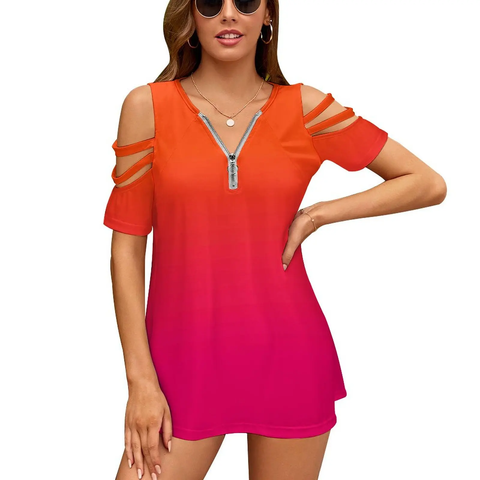 Neon Orange And Neon Pink Ombre Shade Color Fade New Fashion Zip Off Shoulder Top Short-Sleeve Women Shirt Neon Orange Hot Pink