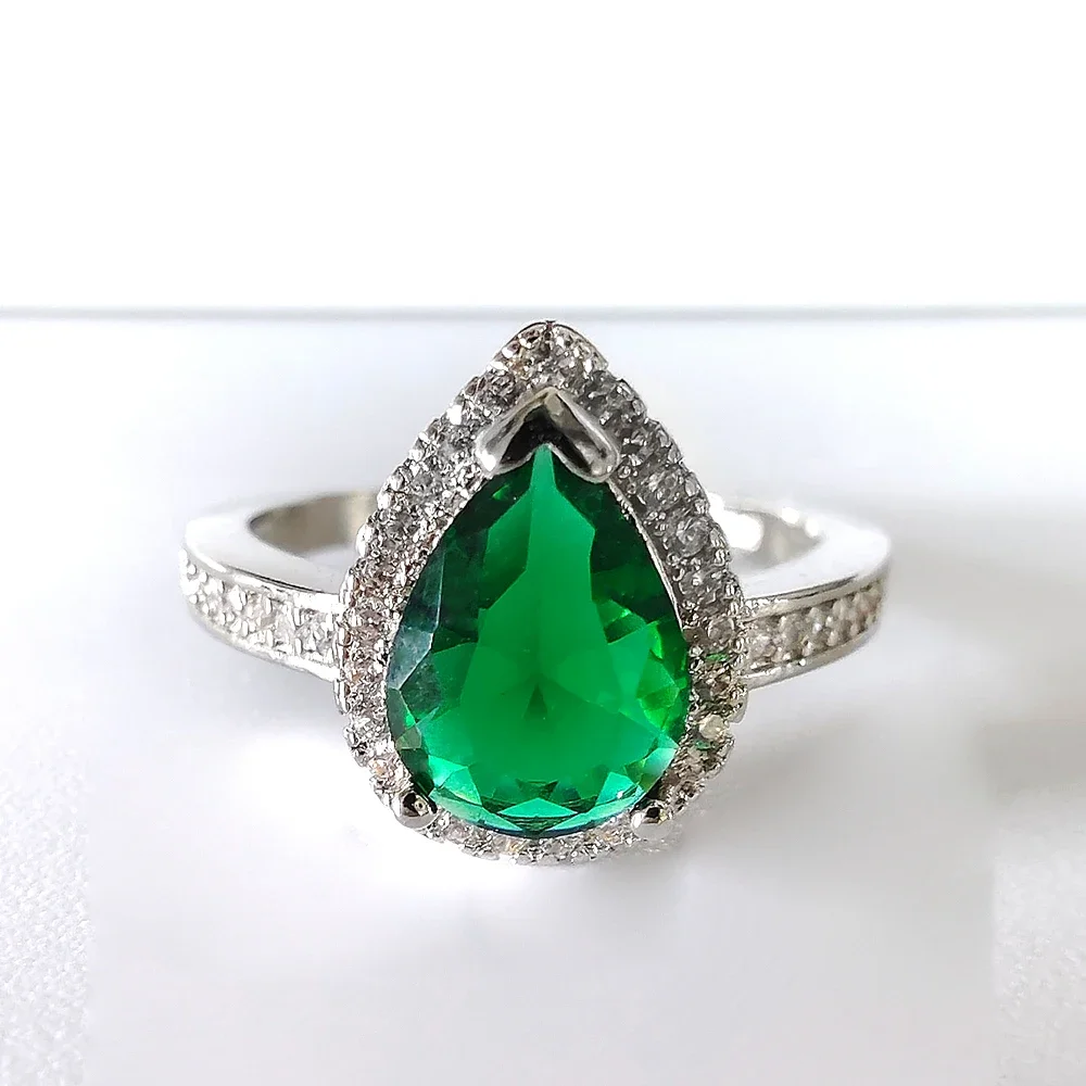 Silver Color Designer Pink Pear Cut Zircon The Engagement Rings for Women Wedding Anel Aneis Fashion Party R603-green