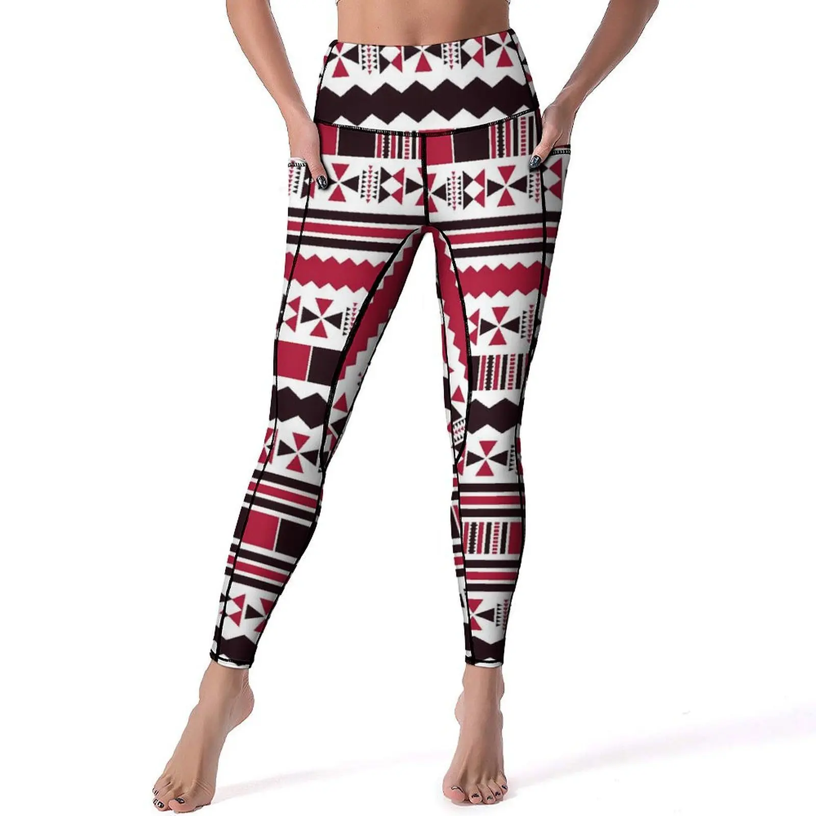 

Red Ethnic Aztec Leggings Sexy Retro Print Gym Yoga Pants High Waist Stretchy Sport Legging With Pockets Kawaii Graphic Leggins