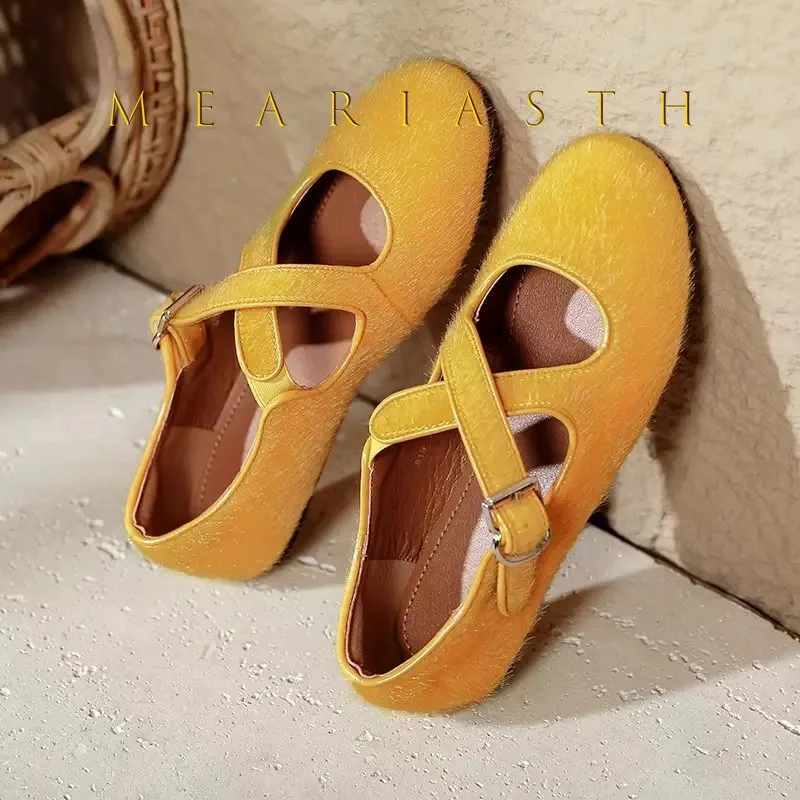 

Women's round Toe Flat Heel Crossbody Shoe Soft Bottom Comfortable Real Horse Hair Fashionable Spot Pattern Retro Style