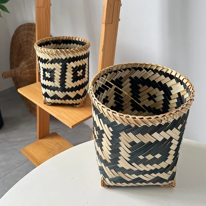 Multipurpose Handmade Bamboo Woven Trash Can and Storage Basket with Illustration Design for Home Office Bedroom Study Room