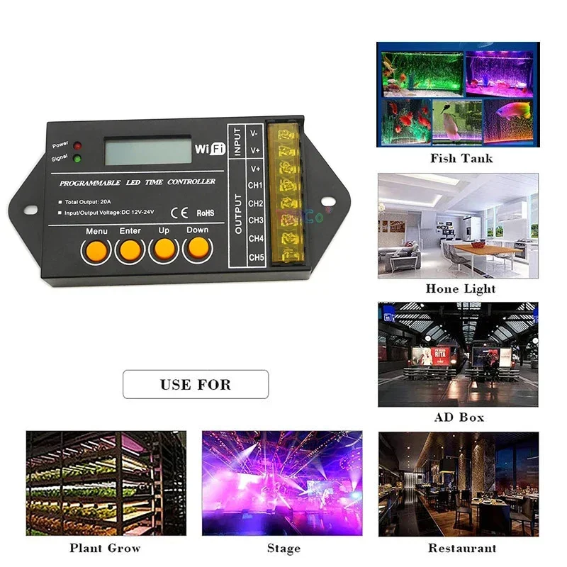 DC 12V 24V 5CH WiFi RGB time programable LED Controller Plastic shell TC421SJ 5 Channels 20A Common Anode LED Strip Light Dimmer