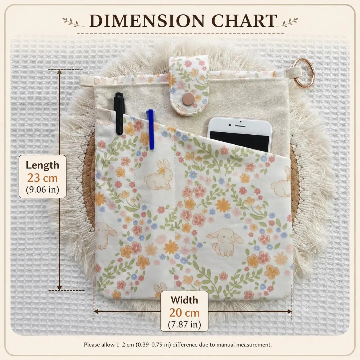 Cute Floral Rabbit Canvas Storage Bag Multifunctional Organizer Bag for A5 Notebook Phone Pen Daily Stationery Storage Supplies