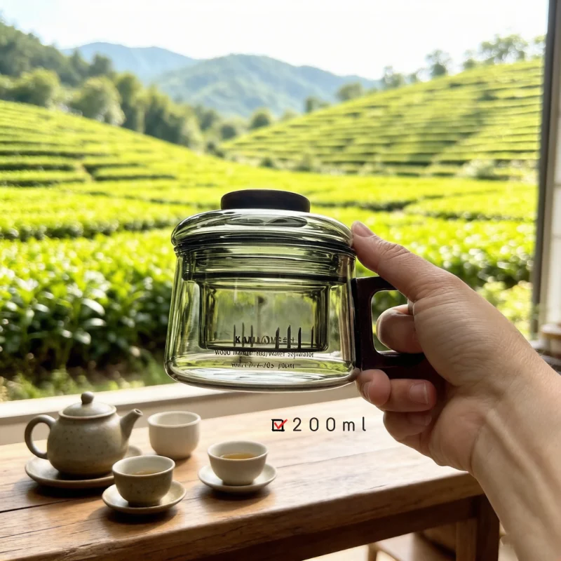 KAMJOVE Factory Direct Premium Grey Heat‑Resistant All‑Glass Tea Pot 200ml,Natural Wood Handle Tea-water Separation New Tea Cup