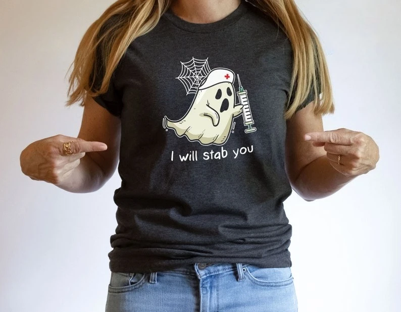 Halloween Nurse Ghost Printed Tshirt Terror Spider Web Syringe Needle Graphic Tshirt Streetwear Unisex Trend Style Outdoors Tee