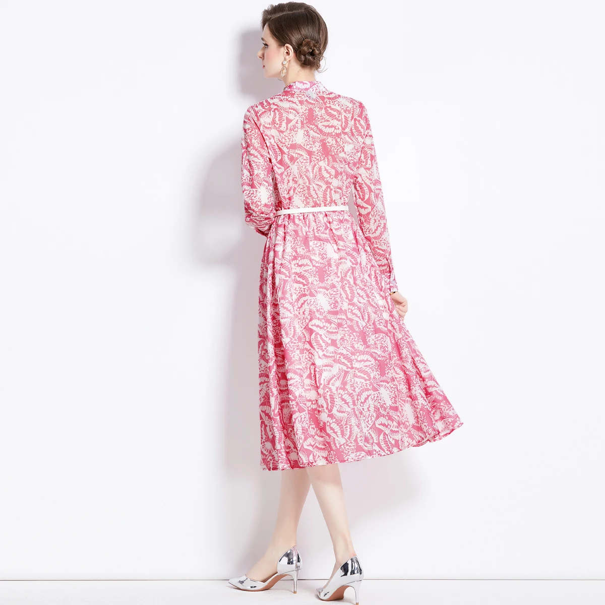 2024 Spring/Summer New Printed Butterfly Long Sleeved Belt Slim Fit Dress Pink Skirt