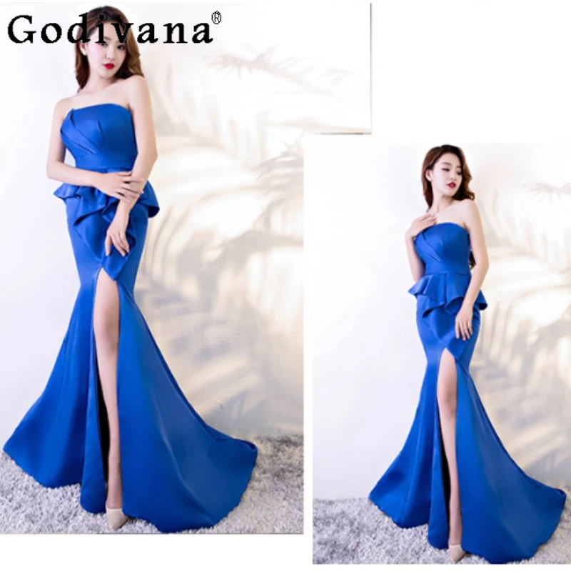

Large Size New Solid Color Sexy Split Black Evening Dress Slim Banquet Temperament Lace-up Fashion Strapless Fishtail Dresses