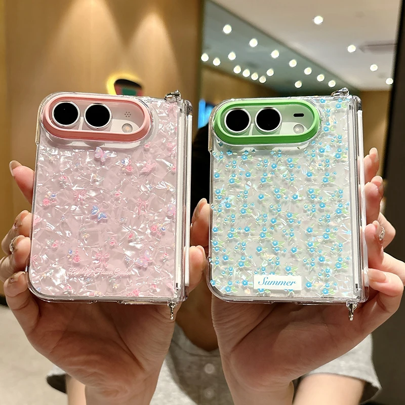 Fashion Conch Shell Texture Flower Cute Phone Case For iPhone Duo Cover with Chain Korean Hinge Cases For Apple Duo Fold Funda