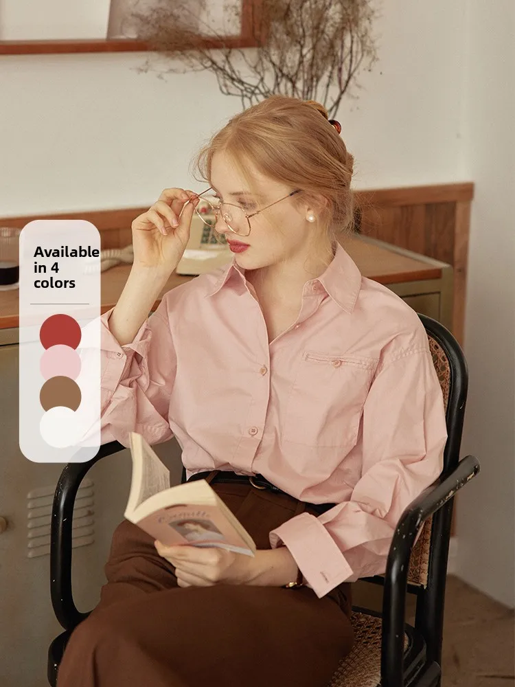 

Simple Retro Pink Shirt Women's Commute Design Sense Shirt Cotton 100% Long Sleeve Loose Fit Button up Classic Collar