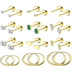2Pcs 14K Gold Plated Flat Back Stud Earrings for Women, Hypoallergenic Stainless Steel Screw Back Cartigale Conch Helix Earrings