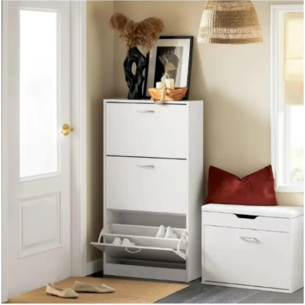 

White Shoe Cabinet with 3 Flip Drawers, Freestanding Shoe Rack, Shoe Storage Cupboard Organizer for Entryway Hallway