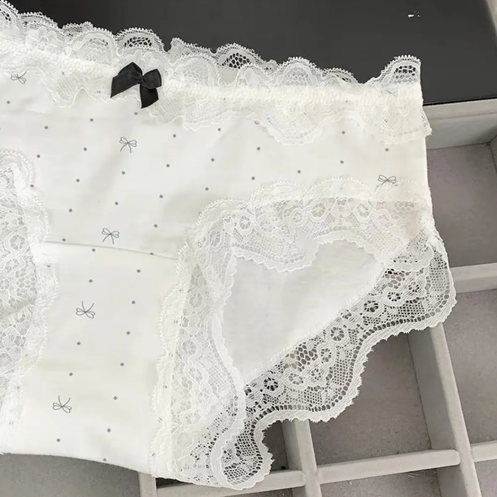 

Comfortable Mid Waist Sweet Lace Panties Tulip Bow Underwear for Women Polka Dot Grid Floral Cotton Pnaties Summer