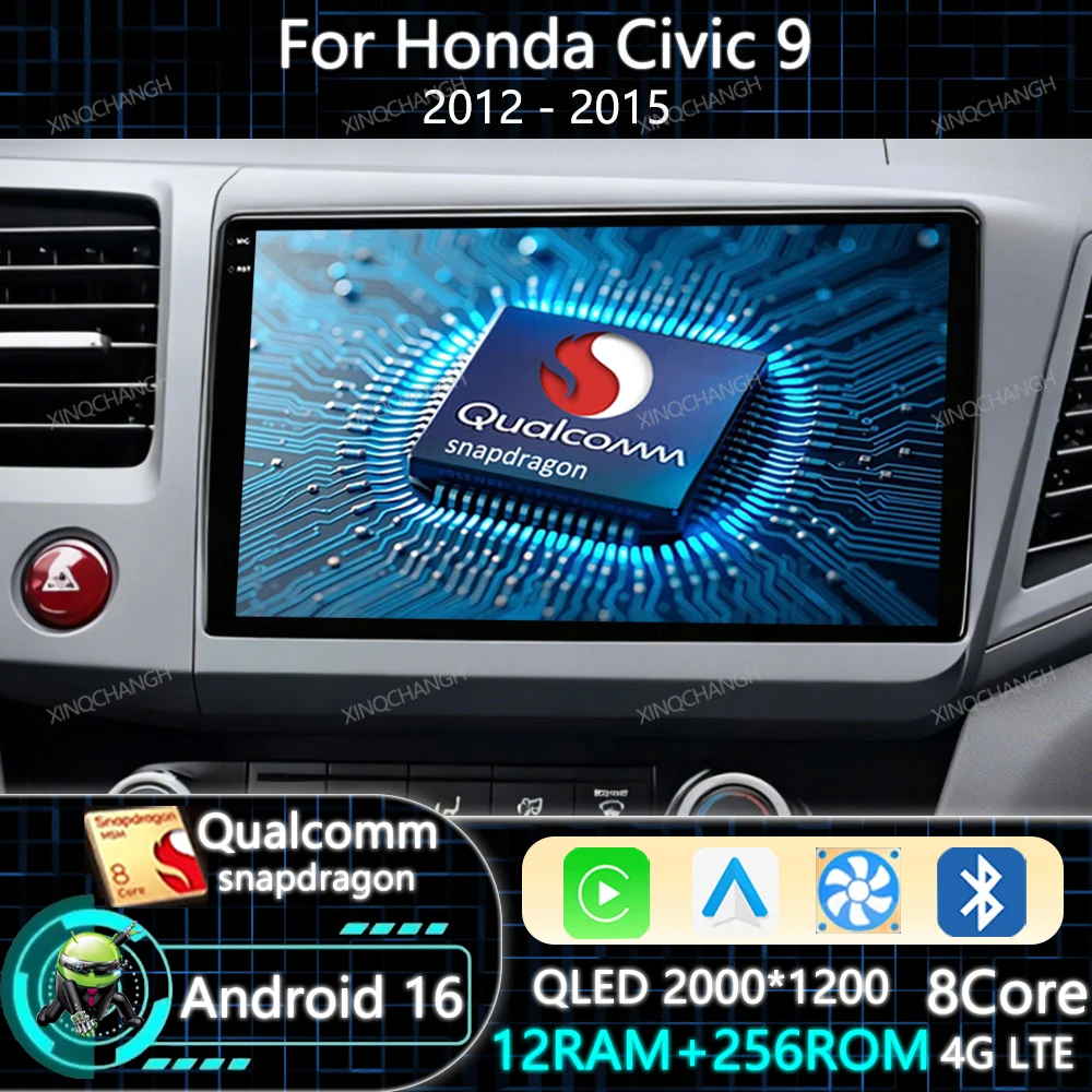 Android 16 Car Radio For Honda Civic 9 2012 2013 2014 2015 Multimedia Video Player Qualcomm BT Carplay Auto Head Unit 2DIN QLED