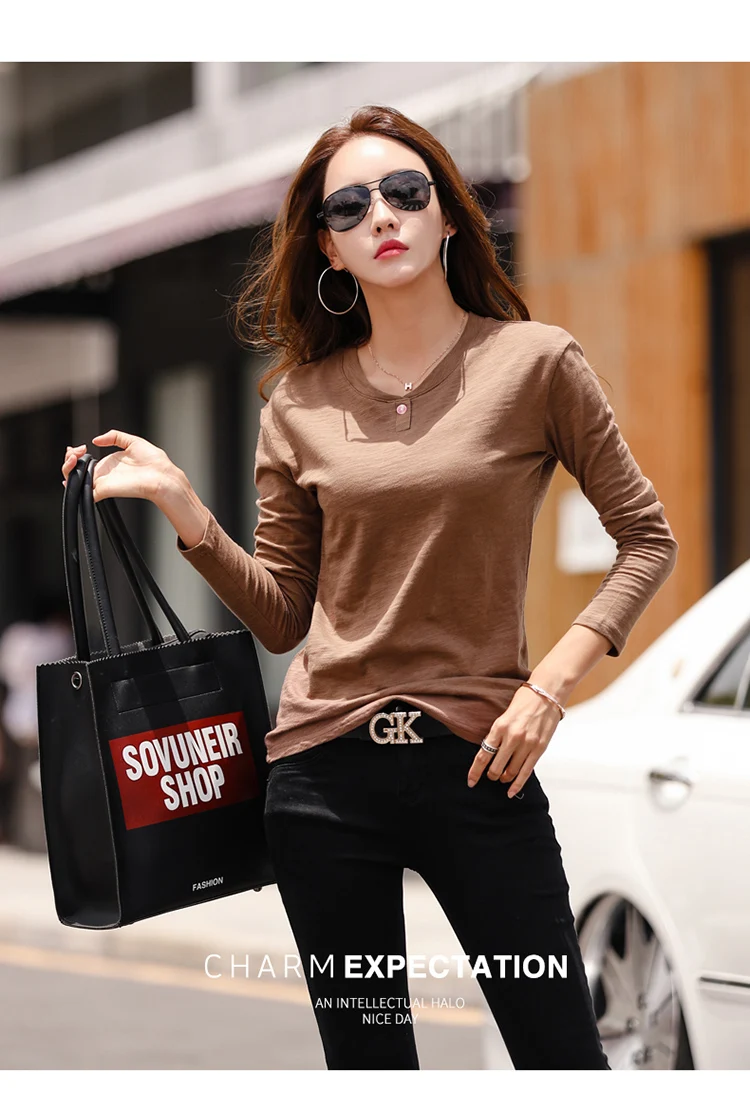 2026 Langarm Frühling Damen Slub-Baumwoll-T-Shirts mit Knöpfen, grüner V-Ausschnitt, einfarbiges T-Shirt, kaffeefarben, koreanische weiche, lockere Oberteile – Detail 11