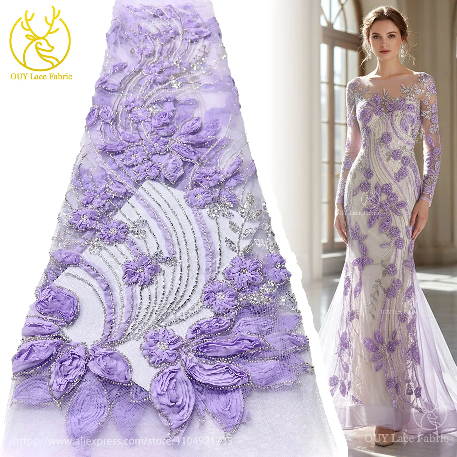 Newest Africa Nigeria Elegant 3D Flower Embroidery Fabric High Quality French Beaded Sequins Tulle Lace Fabric For Party Wedding