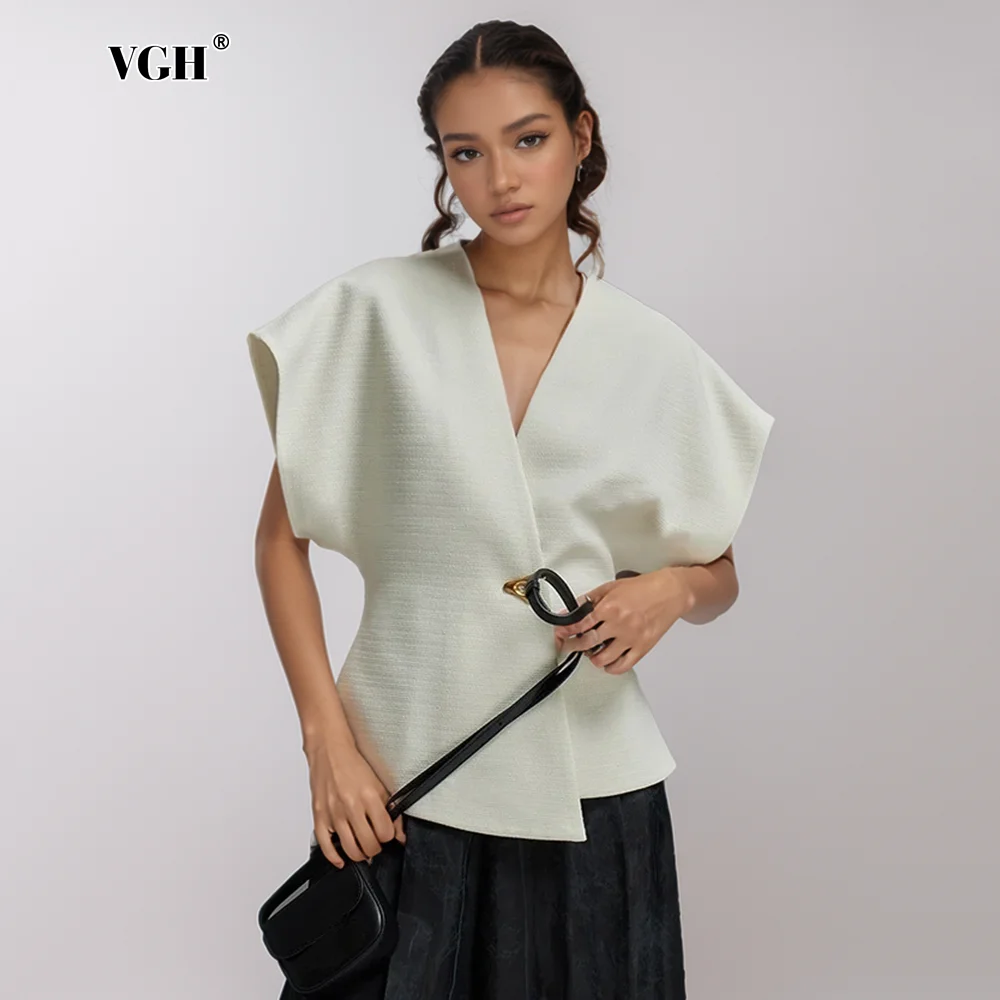 

VGH Solid Patchwork Button Slimming Coats For Women V Neck Short Sleeve Minimalist Irregular Waistcoat Female Fashion Style New