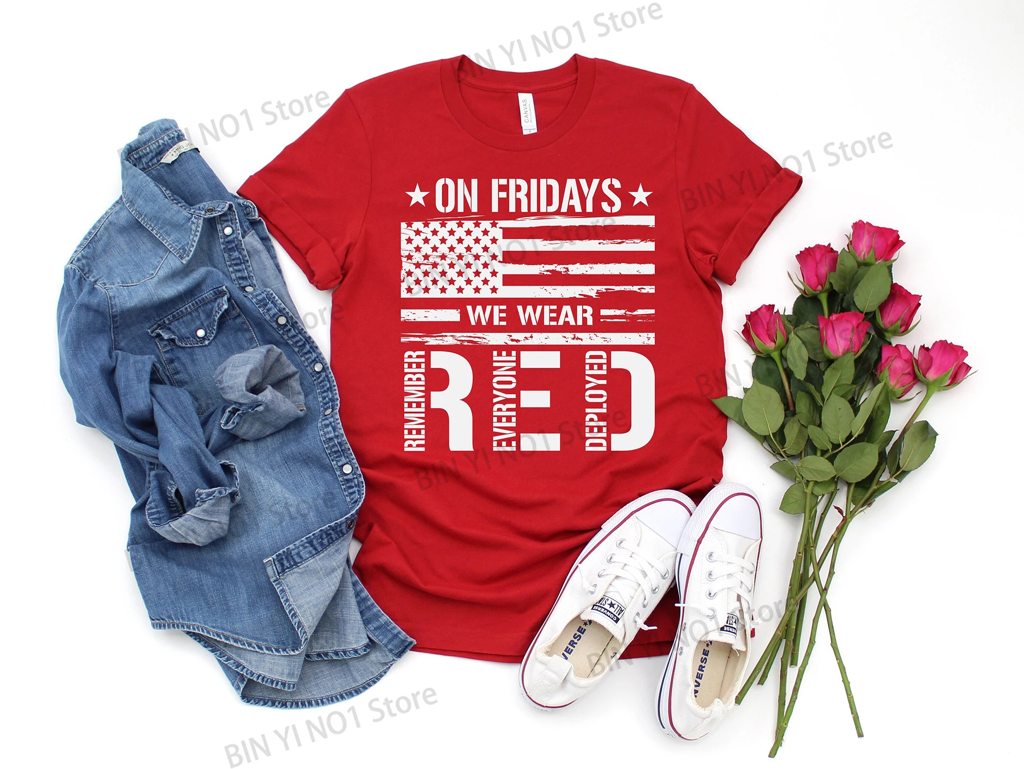 

New On Friday We Wear Red T Shirt Women Men Short Sleeve Tops Tee Summer Fashion Remember Everyone Deployed Loose Casual T-shirt