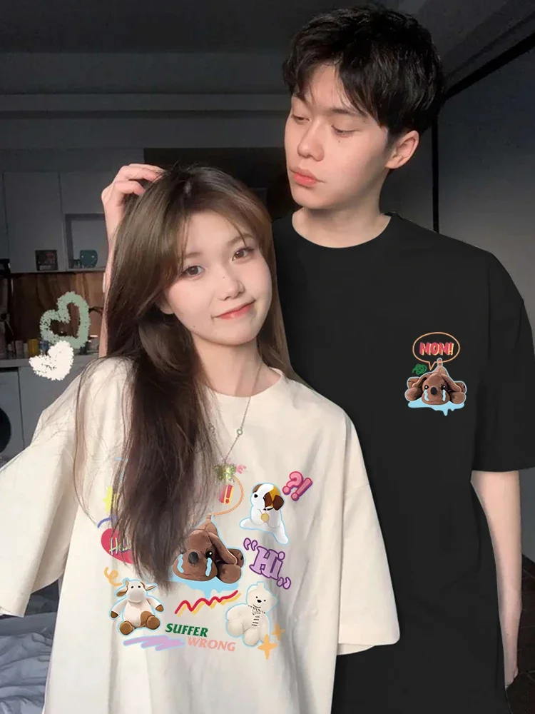 Women and Men's Love Couple White T-shirt 2024Summer Cotton Tops Short Sleeve Round Neck Tees Shirts Matching Clothing harajuku