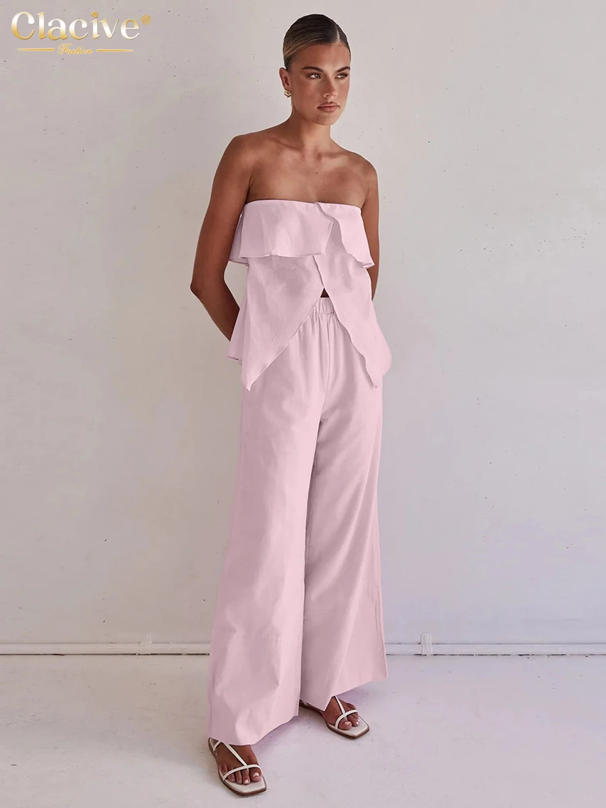 

Clacive Summer Loose Pink Cotton 2 Piece Set Woman Outfit 2025 Fashion Sleeveless Tank Top With High Waist Wide Pants Set Female