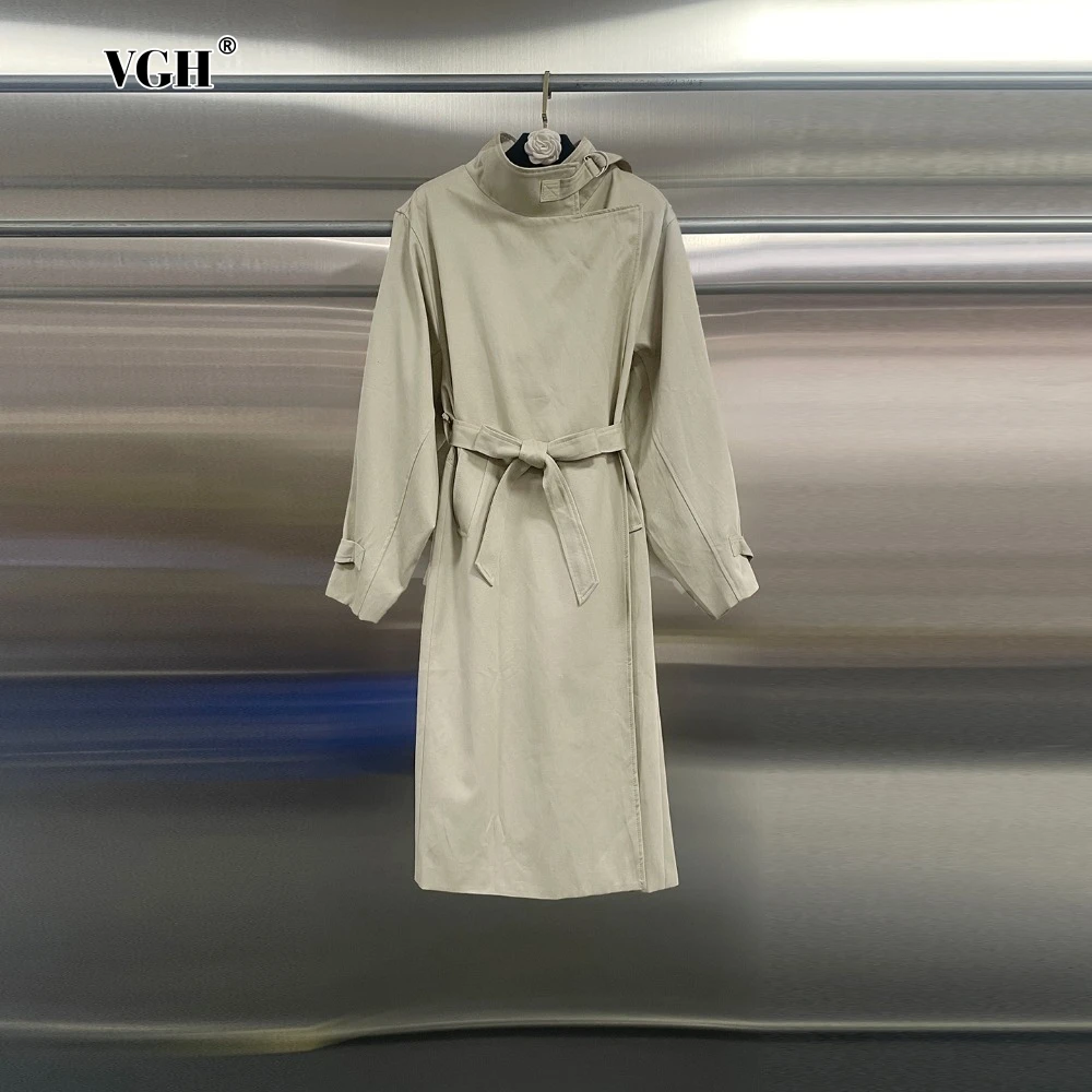 VGH Solid Patchwork Lae Up Windbreaker for Women Stand Collar Long Sleeve Slimming Basics Minimalist Style Trench Female Autumn
