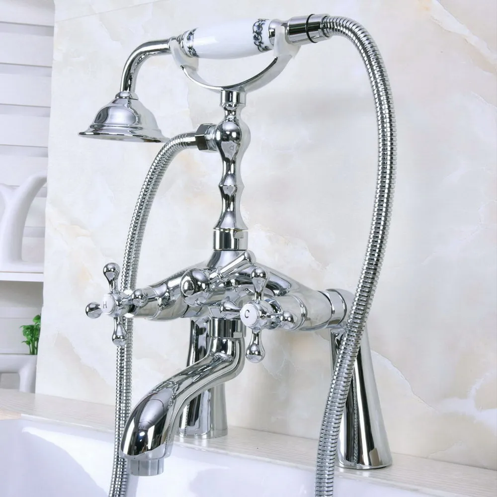 Polished Chrome Deck Mounted Bathtub Faucets Bathroom Basin Mixer Tap With Hand Shower Head Bath & Shower Faucet Bna122