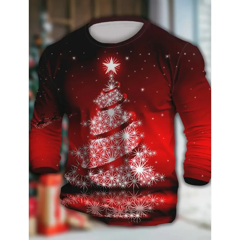 عيد الميلاد الرجال تي شيرت ثلاثية الأبعاد طباعة الأيائل/ثلج الرسومات عادية كم طويل طاقم الرقبة قميص الربيع والخريف الملابس الرسم #1