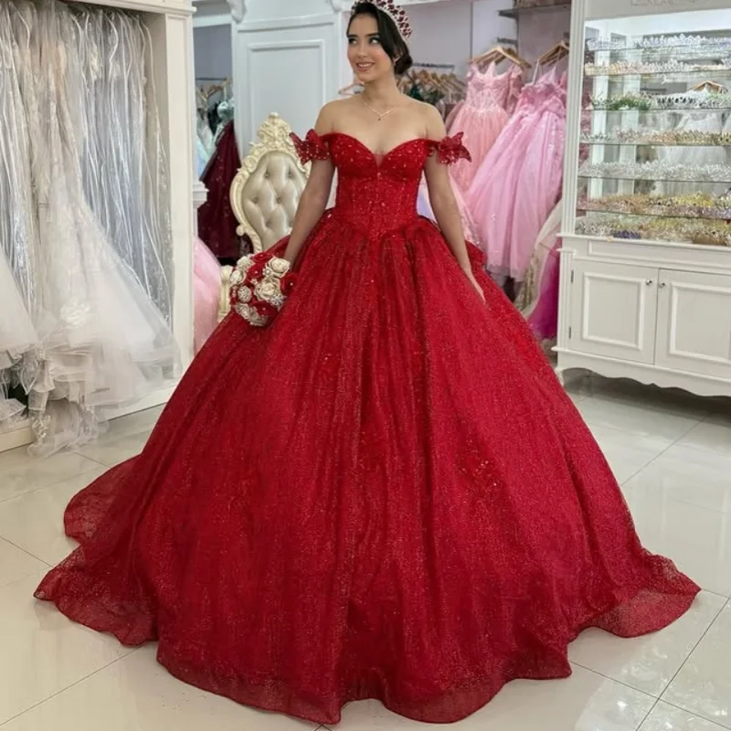

Customized Shiny Red Quinceanera Dresses Off the Shoulder sequin applique Long tail Bow Vestido 15 Quinceanera