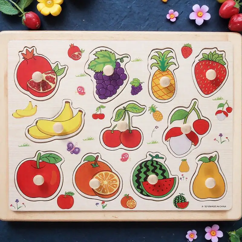 2 szt. Drewniane puzzle z prawdziwego drewna, puzzle z gałkami dla maluchów, gra edukacyjna do sortowania kształtów i dopasowywania, narzędzie edukacyjne z owocami i warzywami