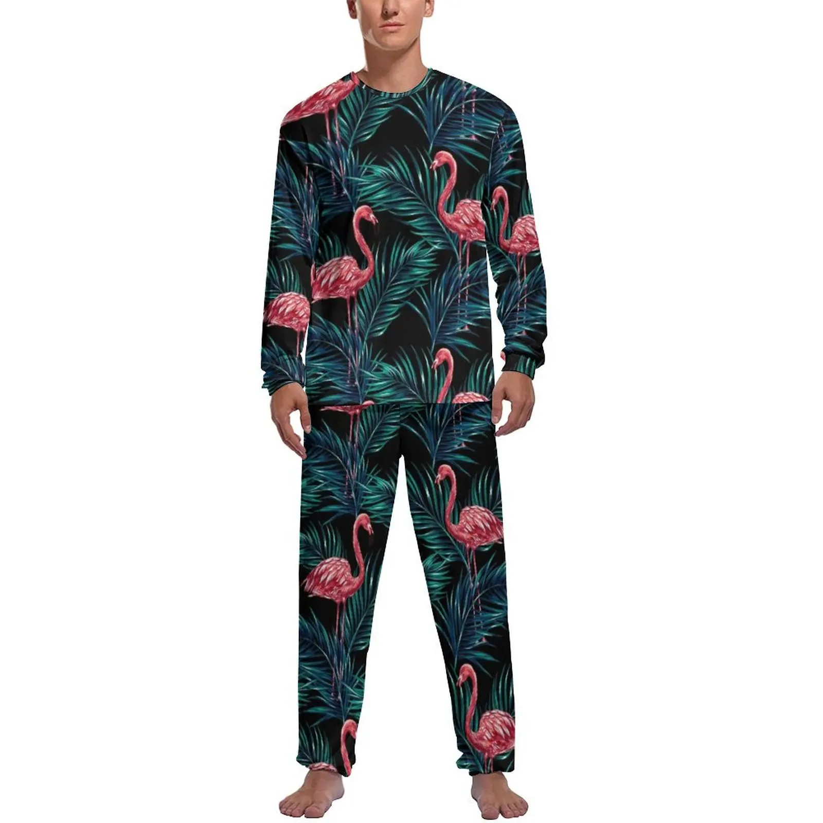 

Tropical Flamingo Birds Pajamas Spring 2 Piece Green Leaves Print Cool Pajama Sets Men Long Sleeves Aesthetic Custom Nightwear