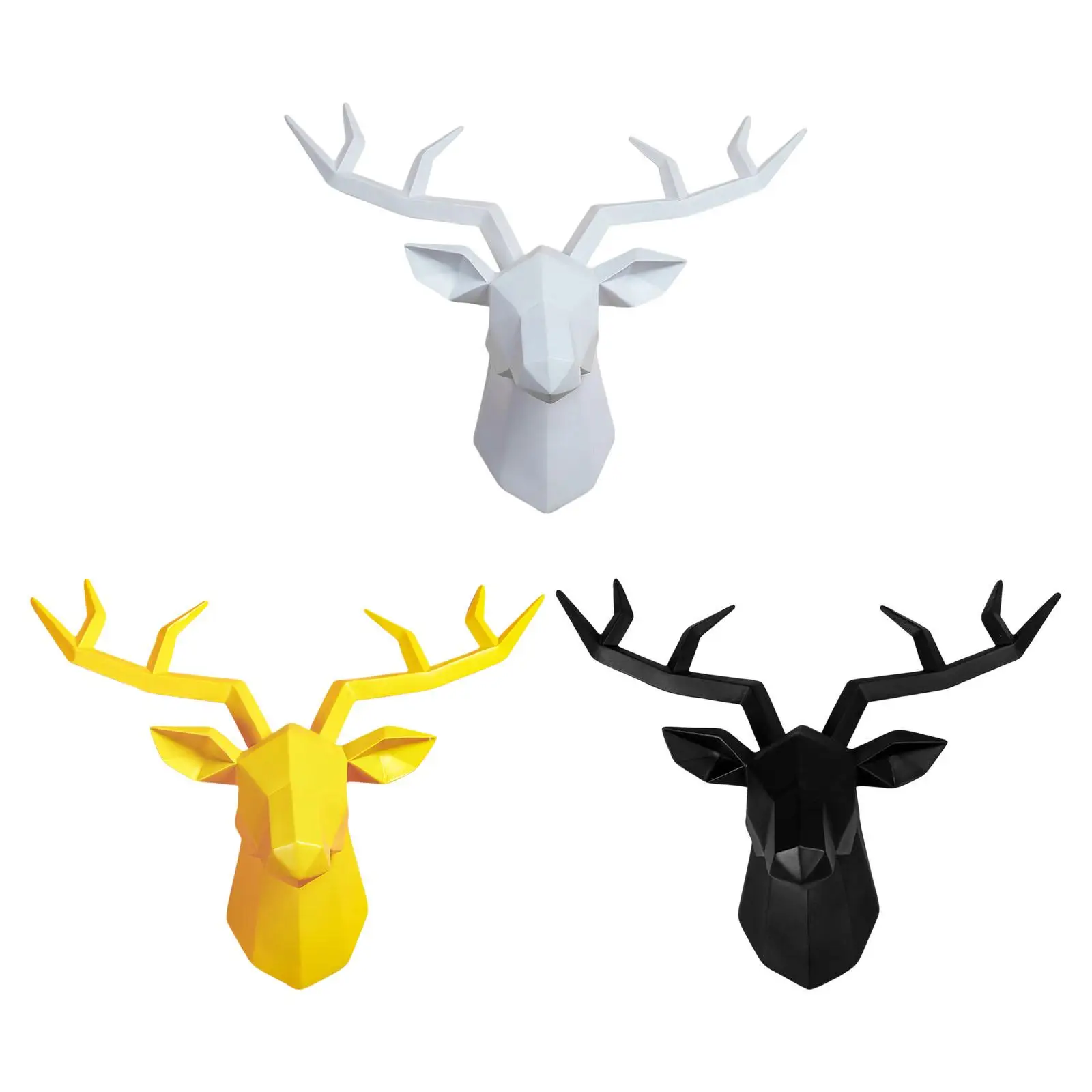 3 Deer Head Sculpture Animal Statue Figurines Wall Mount Modern Elk Ornament Geometrical Antlers Statuette for Bedroom Decor