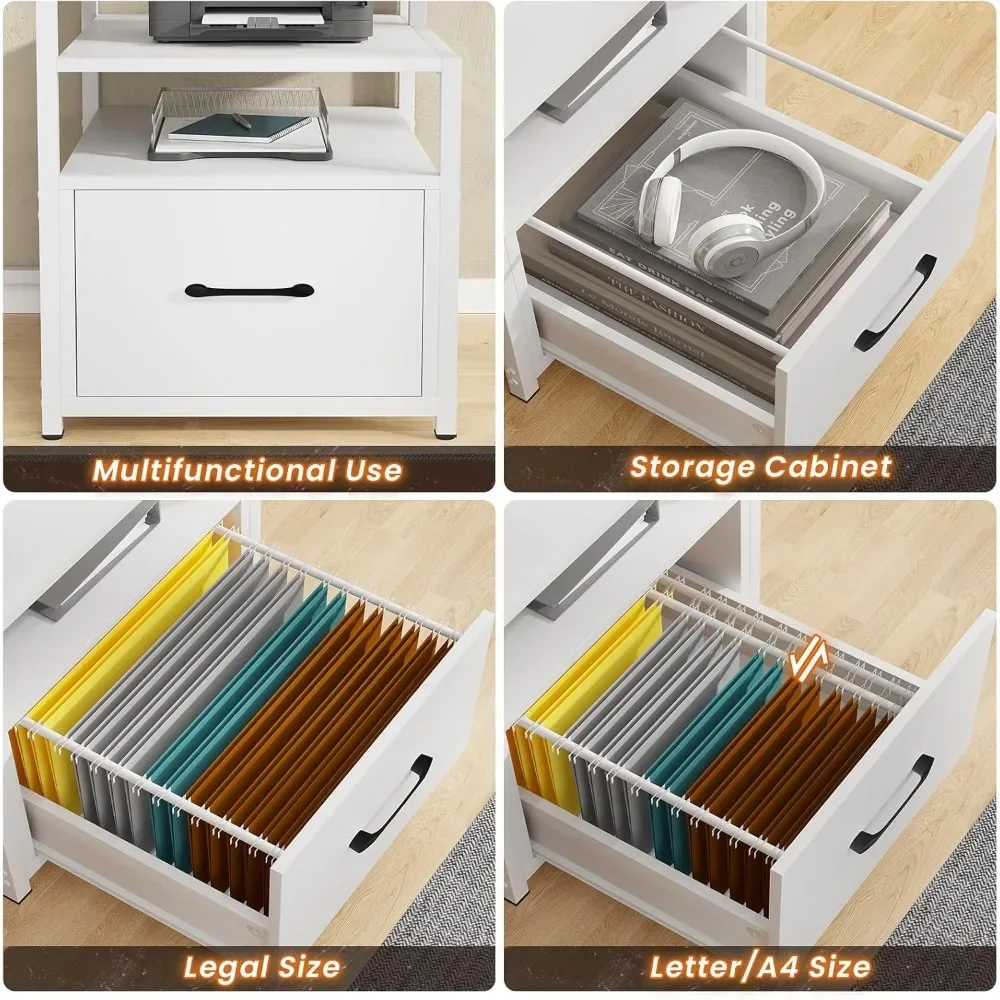 Computer Desk with 5 Drawer & Power Outlet, 66'' Home Office Desk with File Drawer, Storage Shelves, Printer Cabinet