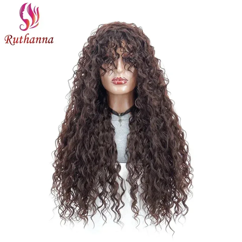 ss23اللاتينية الأمريكية مجعد الشعر موجة المياه الصوف لفة الاصطناعية شعر مستعار طويل للنساء 26 بوصة البني جودة عالية ألياف مقاومة للحرارة